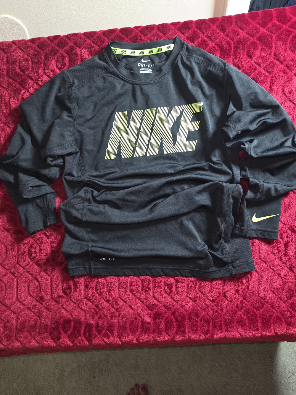 Nike Black Long-Sleeve Dri-FIT Shirt with Neon Yellow Logo